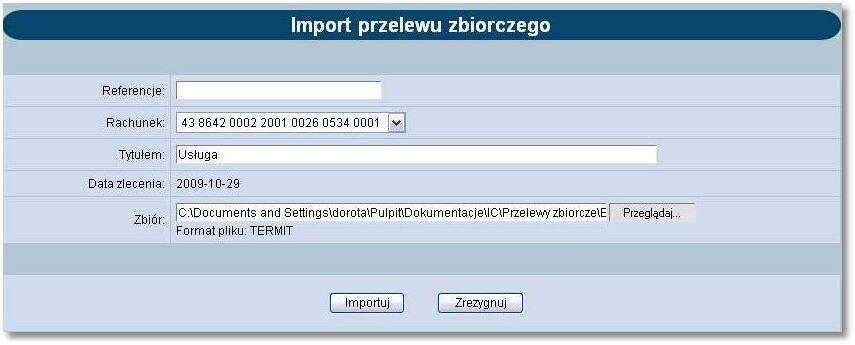 Rozdział 12 Przelewy zbiorcze Zdefiniować referencje własne klienta, pole nie jest wymagane, Wybrać z dostępnej listy rachunek, z którego zostanie zrealizowana dyspozycja przelewu zbiorczego,