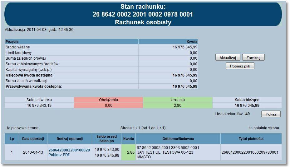 6. Stan rachunku - prezentacja daty operacji W przypadku, gdy usługa RACHUNKI_OPERACJE_POKAZ_DATE_KOM_ELXR