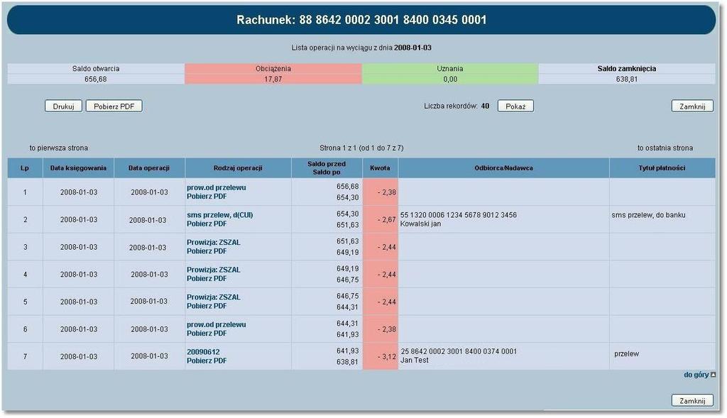 Rozdział 6 Rachunki Dla powyższej formatki dostępne są następujące przyciski funkcyjne: [Drukuj] - możliwość wydruku listy operacji na wyciągu, [Pobierz PDF] - umożliwia zapisanie na dysku w postaci