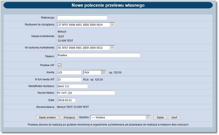 Rozdział 9 Przelewy Uwaga: Użytkownik nie ma możliwości wykonania przelewu własnego VAT na rachunek, z którym nie jest powiązany rachunek VAT. 9.18.