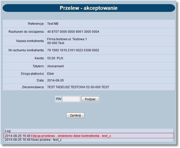 Rozdział 9 Przelewy Informacja taka wyświetlona jest czerwoną, pogrubioną czcionką i widoczna jest tylko wtedy, gdy podczas edycji danych przelewu zmieniono również nazwę lub rachunek kontrahenta.