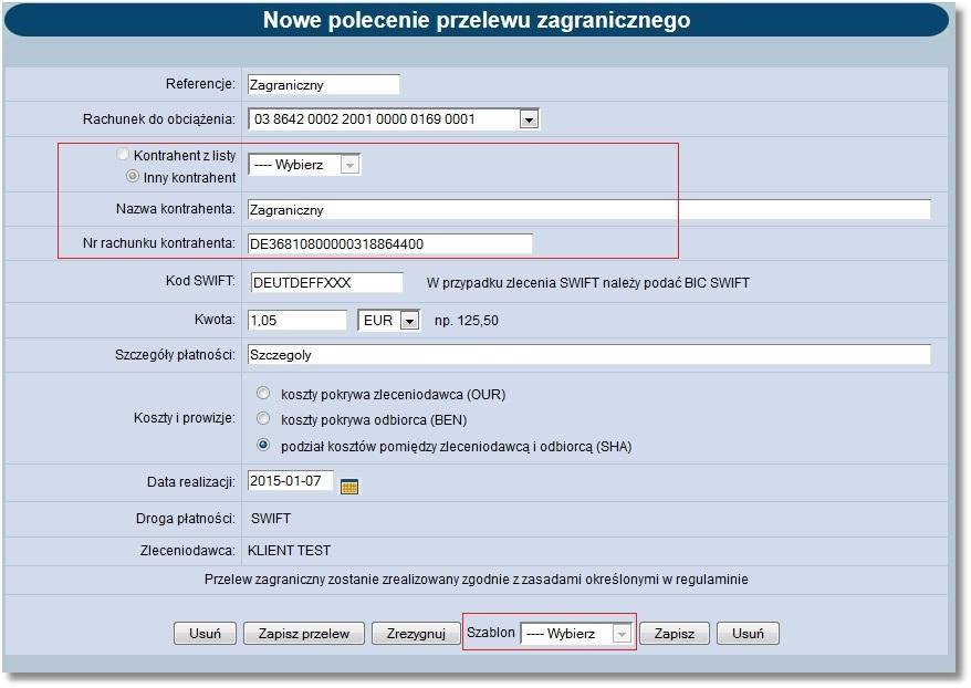 Rozdział 9 Przelewy Uwaga: Jeżeli w systemie uruchomiona jest usługa AUTORYZACJA_KONTRAHENTOW_I_SZABLONOW oraz podczas dodawania przelewu został wybrany kontrahent z listy to pola obsługi kontrahenta