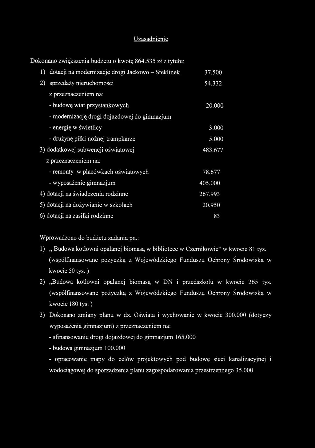 000 3) dodatkowej subwencji oświatowej 483.677 z przeznaczeniem na: - remonty w placówkach oświatowych 78.677 - wyposażenie gimnazjum 405.000 4) dotacji na świadczenia rodzinne 267.