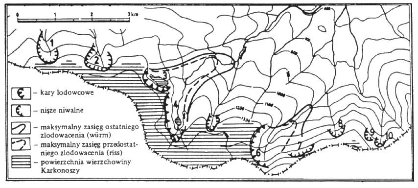 Ryc. 13. Rozmieszczenie form glacjalnych i niwalnych na północnym skłonie Wschodnich Karkonoszy Zlodowacenie Karkonoszy.