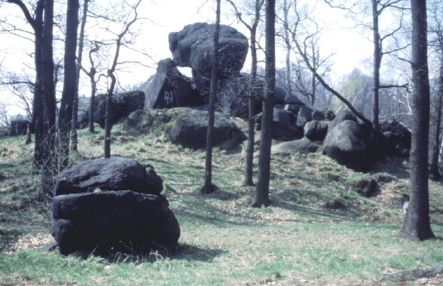 Ryc. 12 Skałki granitowe na Kamienistej w Jeleniej Górze (fot. P. Migoń). Rumowiskowy charakter form skalnych na Kamienistej może być tłumaczony na dwa sposoby.
