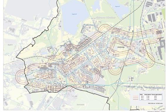 TRAMWAJE Kolorowe linie wskazują odległości od przystanków: kolor żółty to odległość 200 metrów, czerwony 300, a brązowy 400 metrów.