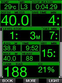Na ekranie Graphical można zobaczyć dane numeryczne oraz aktualny profil nurkowania.