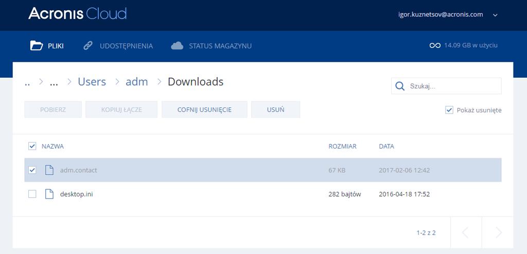 1. Uruchom program Acronis True Image 2019. 2. Na pasku bocznym kliknij Synchronizacja, wybierz synchronizację zawierającą pliki do odzyskania, a następnie kliknij łącze Acronis Cloud. 3.