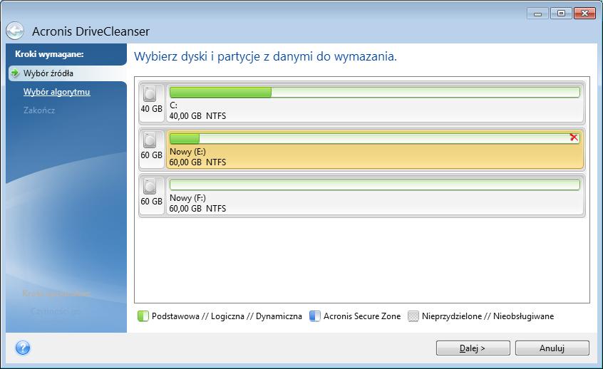 Aby wybrać cały dysk twardy, kliknij ikonę dysku ( ). Narzędzie Acronis DriveCleanser nie umożliwia wymazywania partycji na dyskach dynamicznych i GPT, dlatego nie są one wyświetlane. 12