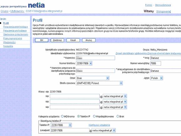 Zakadka Uytkownik Profil 1) Na stronie menu Grupa - Profil klikn pozycj Uytkownicy. Na ekranie pojawi si strona Grupa - Uytkownicy. 2) Klikn pozycj Edytuj lub dowoln pozycj w wierszu uytkownika.
