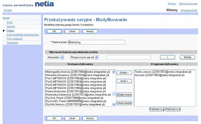 1) Na stronie menu Grupa Usugi klikn pozycj Przekazywanie seryjne. Wywietli si strona Grupa Przekazywanie seryjne. 2) Klikn w przycisk Dodaj.