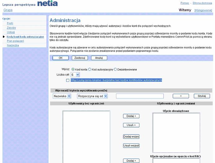 Opcjonalne uycie kodów jest bardzo uyteczne przy ledzeniu i bilingu pocze do okrelonych numerów, np. numerów klientów.