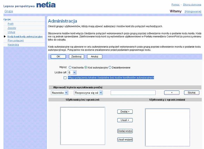 Zakadka Grupa Administracja Kody Autoryzacji 1) Na stronie menu Grupa Kody kont/ Kody autoryzacji klikn pozycj Administracja. Wywietli si strona Grupa Administracja.