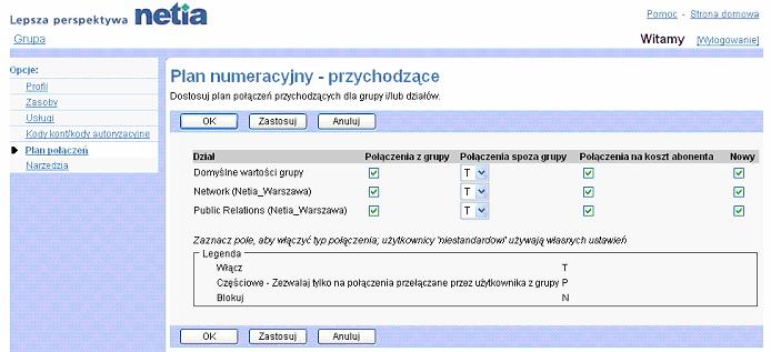 Zakadka Grupa Plan pocze przychodzcych 1) Na stronie menu Grupa Plan Pocze klikn pozycj Plan numeracyjny - przychodzce.