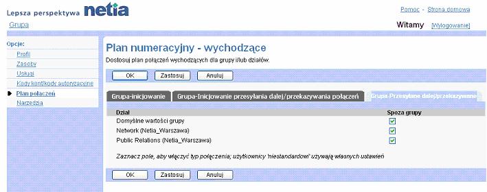 4) Edytowa ustawienia inicjowania przekazywania/przeczania pocze w grupie: - Aby doda ustawienie, zaznaczy pole wyboru dla danego rodzaju poczenia, np. Bezpatne.