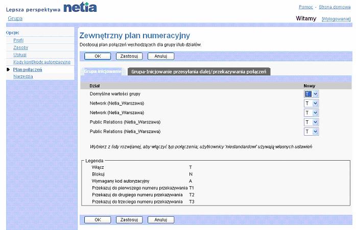 Zakadka Grupa Zewntrzny plan pocze wychodzcych Poczenia inicjowane w grupie 1) Na stronie menu Grupa Plan pocze klikn pozycj Zewntrzny plan numeracyjny.