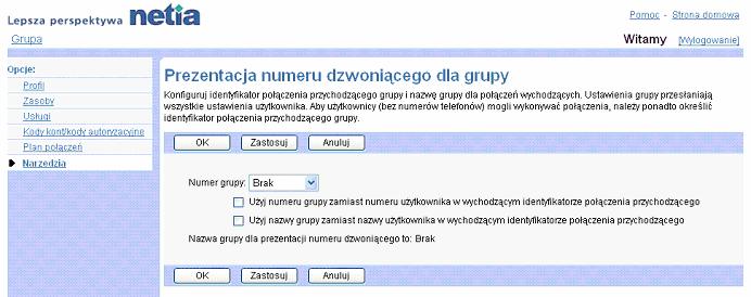 Ustawienie skonfigurowanego CLID uytkownika CLID uytkownika dla wszystkich pocze CLID uytkownika dla wszystkich pocze z wyjtkiem awaryjnych CLID uytkownika tylko dla pocze awaryjnych CLID uytkownika