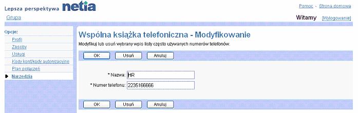 8.3.2 Dodanie wspólnego numeru telefonicznego Na stronie Grupa Wspólna ksika telefoniczna Dodanie numeru mona doda wspólny numer telefoniczny.