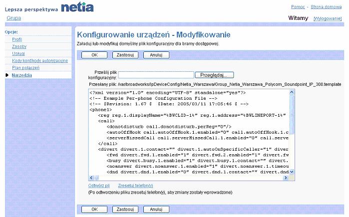 Zakadka Grupa Modyfikacja konfiguracji urzdzenia 1) Na stronie menu Grupa - Narzdzia klikn pozycj Konfiguruj urzdzenie. Wywietli si strona Grupa Konfigurowanie urzdze. Jest to strona listingowa.