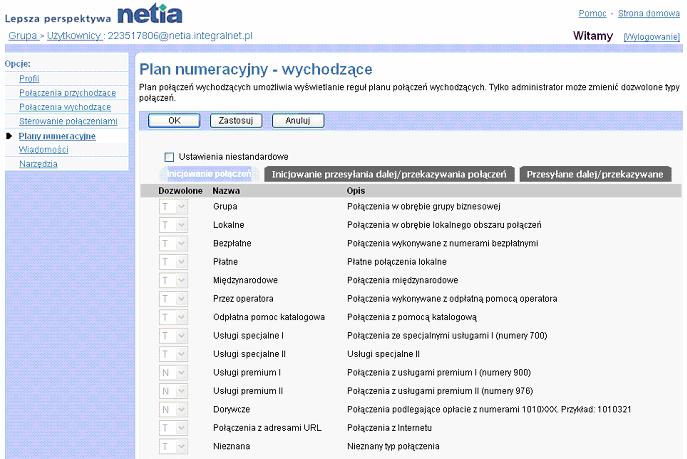 Zakadka Uytkownik Plan pocze wychodzcych Inicjowanie pocze 1) Dla wybranego uytkownika klikn pozycj Plany numeracyjny. Na ekranie pojawi si strona menu Uytkownik Plany numeracyjne.