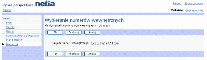 Zakadka Grupa Wybieranie numeru wewntrznego 1) Na stronie menu Grupa - Narzdzia klikn pozycj Wybieranie wedug numeru wewntrznego. Wywietli si strona Grupa Wybieranie numerów wewntrznych.