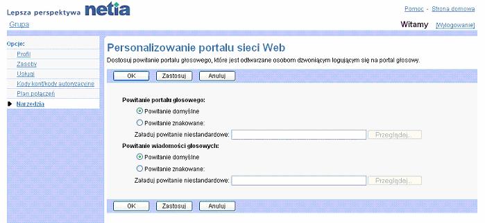 UWAGA: Przed wejciem na t stron w celu personalizacji wiadomoci powitalnych naley przypisa usug grupy wiadomoci gosowych.