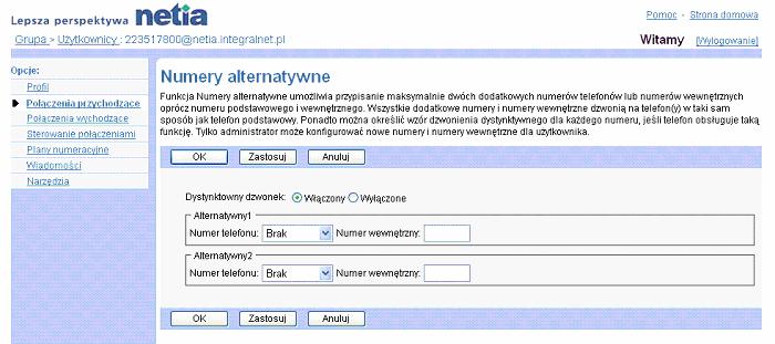 Zakadka Uytkownik Numery alternatywne 1) Dla wybranego uytkownika klikn pozycj Poczenia przychodzce. Na ekranie pojawi si strona menu Uytkownik Poczenia przychodzce.