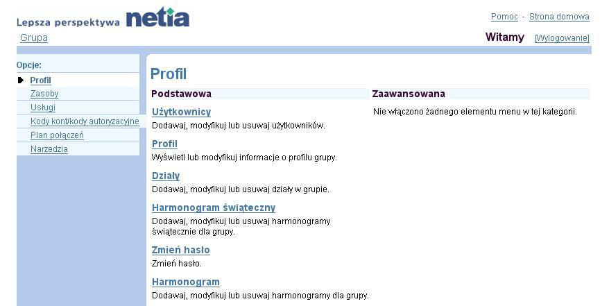 2 Menu Profil Cz ta jest podzielona na punkty odpowiadajce kadej pozycji na stronie menu Grupa Profil. Strona ta jest stron gówn dla administratorów grup i pojawia si po zalogowaniu.