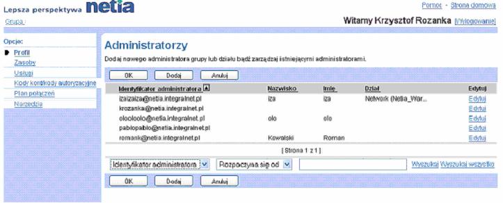 Zakadka Grupa Administratorzy 1) Na stronie menu Grupa Profil klikn Administratorzy. Wywietli si strona Grupa Administratorzy. Jest to strona listingowa.