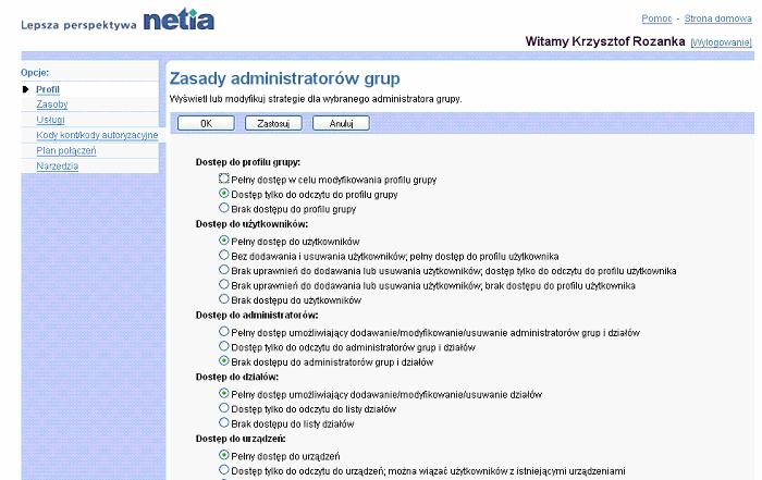 Zakadka Grupa Reguy Administratora Grupy 1) Na stronie menu Grupa - Profil klikn Administratorzy. Wywietli si strona Grupa Administratorzy.