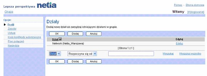 Zakadka Grupa Dziay 1) Na stronie menu Grupa Profil klikn pozycj Dziay. Wywietli si strona Grupa Dziay. Dziay s wywietlane wraz z ich dziaami nadrzdnymi, jeli takie s.