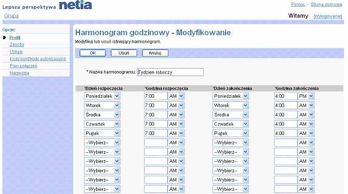 Zakadka Grupa Harmonogram Dodanie 1) Na stronie menu Grupa - Profil klikn pozycj Harmonogram. Wywietli si strona Grupa Harmonogram godzinowy. 2) Klikn w przycisk Dodaj.