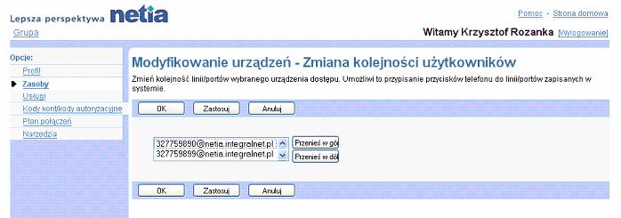 Zakadka Grupa Urzdzenia Modyfikowanie Zmiana kolejnoci uytkowników 1) Na stronie menu Grupa - Profil klikn pozycj Urzdzenia. Wywietli si strona Grupa Urzdzenia.
