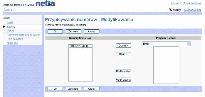 Zakadka Grupa Zmiana przypisania numerów 1) Na stronie menu Grupa - Zasoby klikn pozycj Numery. Wywietli si strona Grupa Numery. 2) Klikn Edytuj lub dowoln pozycj w wierszu odpowiadajcym numerowi.