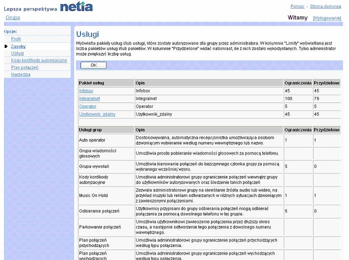 3.7 Usugi Pozycja Usugi na stronie menu Grupa - Zasoby pozwala na: Wywietlenie listy usug. Wywietlenie listy szczegóów pakietu usug. 3.7.1 Lista usug Na stronie Grupa Usugi wywietlaj si listy pakietów usug, usug grupowych oraz usug uytkownika przypisanych do grupy.