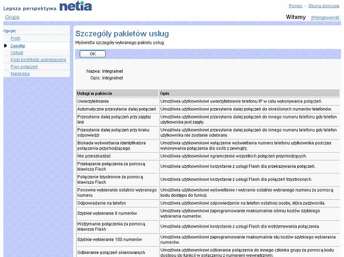 Zakadka Grupa Szczegóy pakietu usug 1) Na stronie menu Grupa - Zasoby klikn pozycj Usugi. Wywietli si strona Grupa Usugi. 2) Klikn nazw pakietu usug. Wywietli si strona Szczegóy pakietu usug.