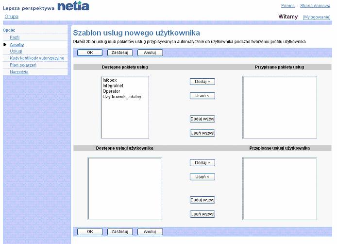 Zakadka Grupa Szablon usug nowego uytkownika 1) Na stronie menu Grupa - Zasoby klikn pozycj Nowe szablony usug uytkownika.