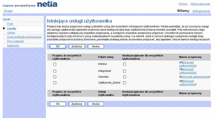 3.10 Istniejce usugi uytkownika Ta pozycja na stronie menu Grupa - Zasoby suy do: Przypisywania pakietów usug lub usug uytkownika oraz usuwania przypisania. 3.10.1 Przypisywanie pakietów usug lub