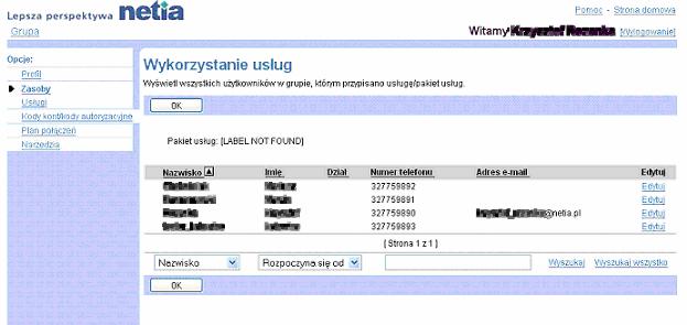 Zakadka Grupa Wykorzystanie pakietu 1) Na stronie menu Grupa - Zasoby klikn pozycj Istniejce usugi uytkownika. Wywietli si strona Grupa Istniejce usugi uytkownika.