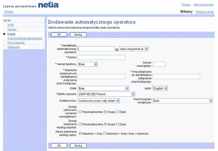 Zakadka Grupa Automatyczny operator 1) Na stronie menu Grupa Usugi klikn pozycj Auto operator.
