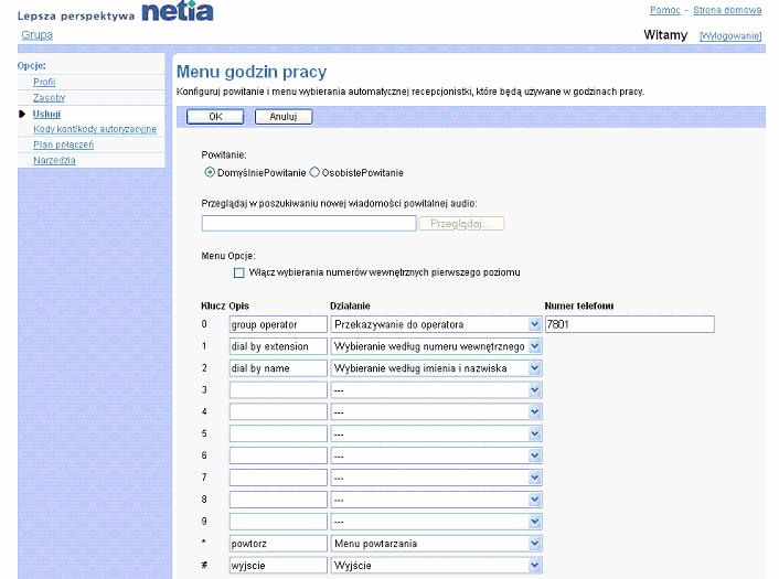 Zakadka Grupa Menu godzin pracy.