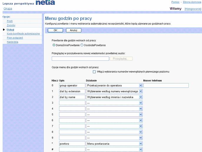 Zakadka Grupa Menu po godzinach pracy 1) Klikniciem w odpowiednie pole wyboru zaznaczy dany rodzaj powitania: Po zaznaczeniu pola Domylne powitanie system bdzie odtwarza oryginalne powitanie nagrane