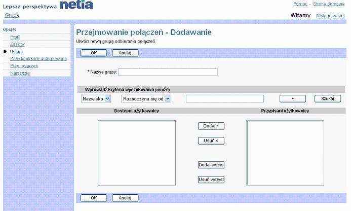 Po skonfigurowaniu usugi pocze uytkownik musi wybra kod dostpu do funkcji zdefiniowany dla tej usugi. Kod ten wywietla si na stronie gównej uytkownika.