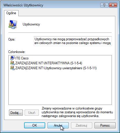 Krok 6 Wskazówka ITE Cisco dodaje się domyślnie do tej grupy. Kliknij przycisk Anuluj, aby zamknąć okno. Zamknij wszystkie otwarte okna.