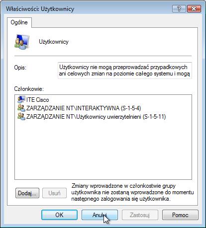 Krok 6 Wskazówka ITE Cisco dodaje się domyślnie do tej grupy. Kliknij przycisk Anuluj, aby zamknąć okno. Zamknij wszystkie otwarte okna.