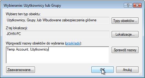 Wpisz Temp Account; Użytkownicy> OK.