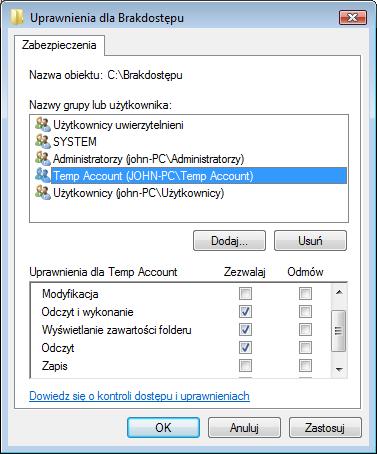 Jakie uprawnienia dla grup Temp Account i Users Group są domyślnie
