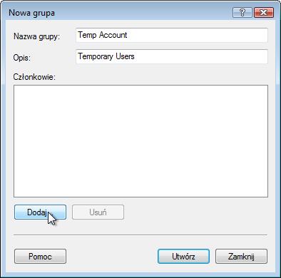 Wprowadź następujące informacje: Nazwa grupy: Temp Account Opis: Temporary Users