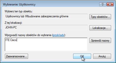 W polu Wprowadź nazwy obiektów do wybrania, wybierz pole typu ITE Cisco> OK.