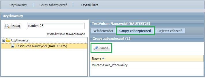 Uprawnienia U istniejącego użytkownika na karcie Grupy zabezpieczeń można zmodyfikować jego uprawnienia.